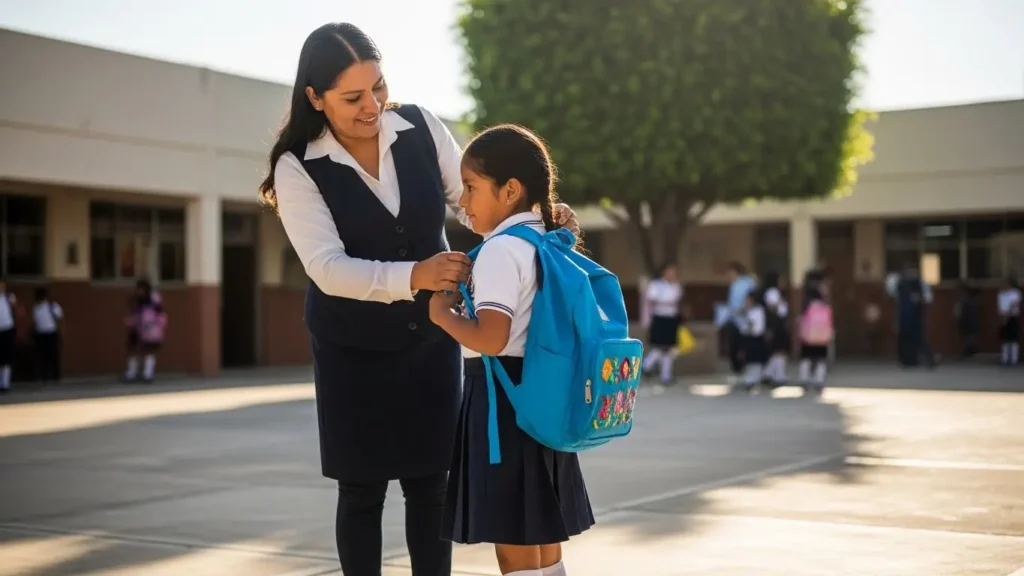 Madre e hija en escuela primaria beneficiarias de la Beca Rita Cetina 2026.