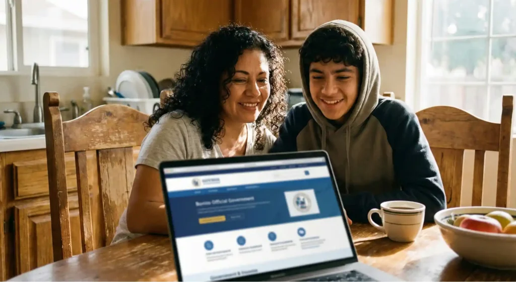 Madre e hijo consultando el Buscador de Escuelas Benito Juárez en una laptop.