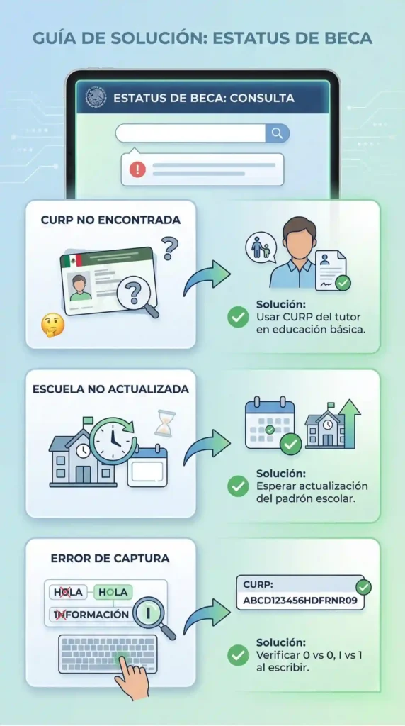 Errores al consultar el estatus de la Beca Benito Juárez y soluciones relacionadas con la CURP y el padrón de beneficiarios.