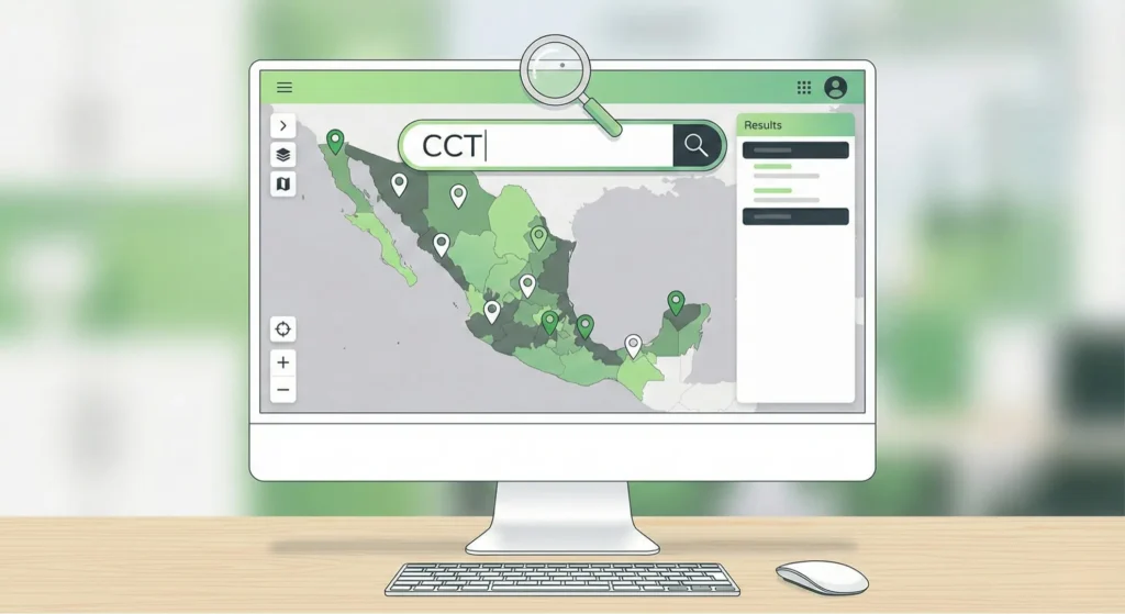 Interfaz del mapa digital para buscar escuelas por Clave de Centro de Trabajo (CCT).