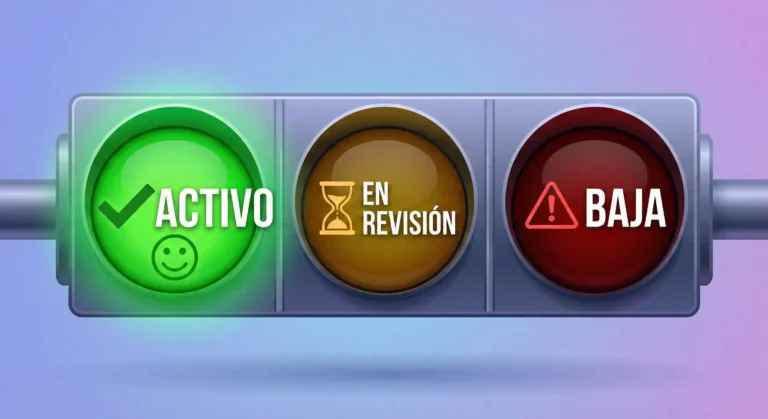 Gráfico explicativo de los tres estatus de la beca: Activo (Verde), En Revisión (Amarillo) y Baja (Rojo).