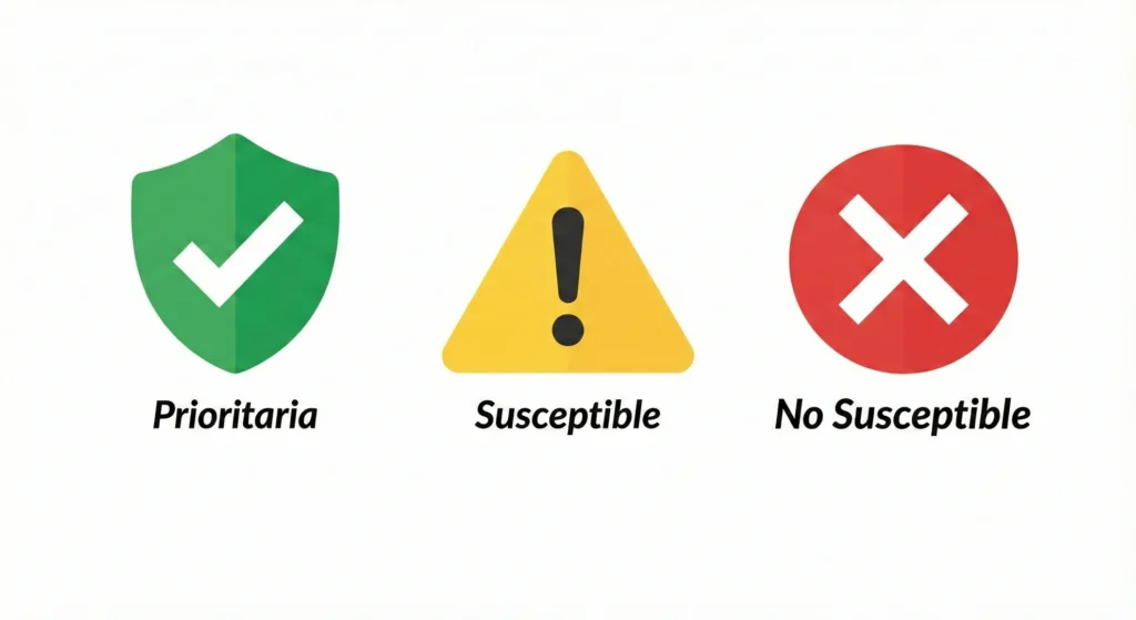 Semáforo de estatus del buscador: Prioritaria, Susceptible y No Susceptible.