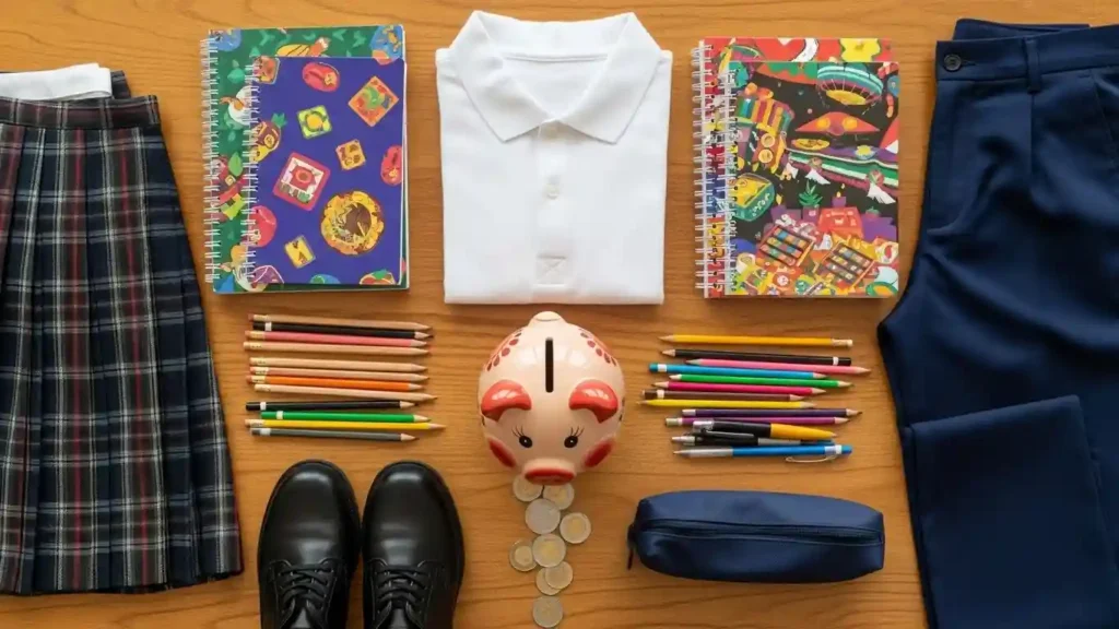 Uniformes y lista de útiles escolares cubiertos por el apoyo de 2500 pesos.